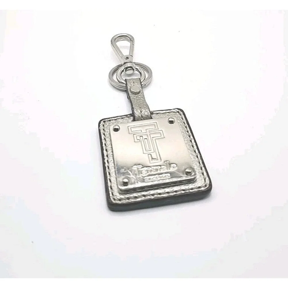 Tignanello‎ Triple T Silver Leather Silver Charm Metal Key Fob Keychain Hang Tag